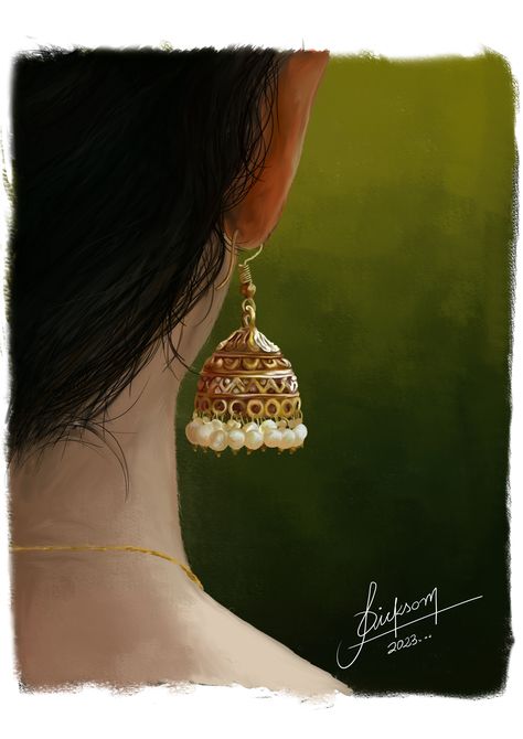 Traditional Indian Wear | Jewellery | Digital art | Photoshop CC | Pen Tablet✍️ Jhumka Painting On Canvas, Jimikki Kammal, Digital Art Photoshop, Igcse Art, Pen Tablet, Photoshop Cc, Actor Photo, Christmas Paintings, Traditional Indian