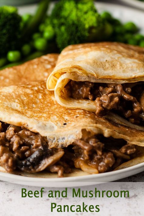 Mushroom Pancakes, Savory Crepes Filling, English Pancakes, Pancake Fillings, Savoury Pancake Recipe, Savoury Mince, Crepes Filling, Crepes And Waffles, Minced Beef