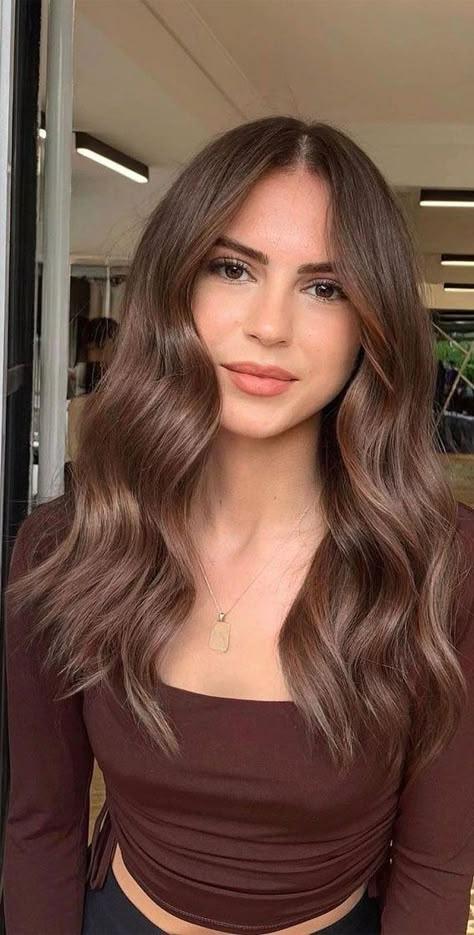 Brown Hair Colors One Color, Light Chocolate Blonde Hair, Brown Coffee Hair Color, Dark Brown Eye Hair Color Ideas, Full Head Hair Color Ideas, Muted Hair Color For Brunettes, All Over Color Brunette Brown Hair, Brown Hair Color Without Highlights, Mill Chocolate Brown Hair