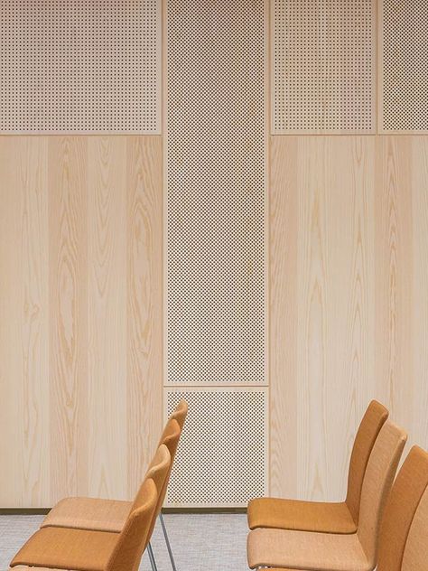 Acoustic Panels In a Modern Office Complex In Oslo - Gustafs Scandinavia Wood Acoustic Wall, Perforated Wall Panel, Perforated Acoustic Panels, Different Types Of Wall Paneling, Perforated Wood Panel, Office Wood Wall, Wood Acoustic Panels, Wood Panel Interior, Acoustic Wood Panels