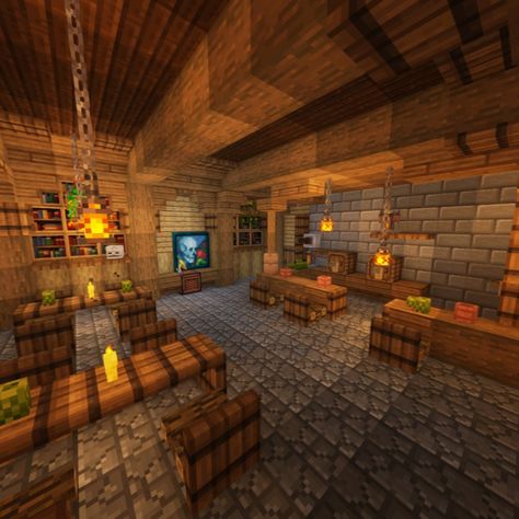 Grab a drink in this cozy tavern and enjoy the atmosphere #minecraft #minecrafttavern #interiordesign #minecraftideas Minecraft Medieval Tavern Interior, Minecraft Pub Ideas, Minecraft Cave Bedroom, Pub Minecraft, Medieval Tavern Minecraft, Tavern Interior Design, Minecraft Hotel Interior, Room Designs Minecraft, Minecraft Tavern Build