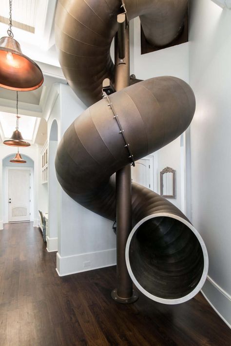 House Slide Indoor, Indoor Slides For Home, Indoor Slide Stairs, Silo Ideas, Ideas For Stairs, Foyer Chandeliers, Industrial Staircase, Indoor Slide, Indoor Playroom