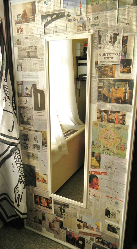 small space decoration - newspaper collage on wall. LOVE THIS!!! SO doing this in my room :D Dorm Pictures, Dorm Room Doors, Newspaper Collage, Room Door Decorations, Newspaper Wall, Teen Wall Art, Walls Room, Trendy Bedroom, Room Makeover Bedroom