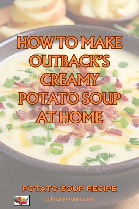 Outback Steakhouse Potato Soup Recipe: How to Make It at Home. If you love the creamy, hearty, and savory potato soup from Outback Steakhouse, you’ll be happy to know that you can make it at home with this easy copycat recipe! All you need are some simple ingredients like potatoes, butter, onion, garlic, chicken stock, heavy cream, cheese, and bacon. Follow the step-by-step instructions to recreate this delicious soup in your own kitchen! #potatosoup #copycatrecipes #outbacksteakhouse Outback Potato Soup Recipe Copycat, Copycat Outback Potato Soup, Taste Of Home Potato Soup, Outback French Onion Soup Recipe, Copycat Potato Soup, Outback Potato Soup Recipe, Outback Potato Soup, Outback Steakhouse Recipes, Steakhouse Potatoes