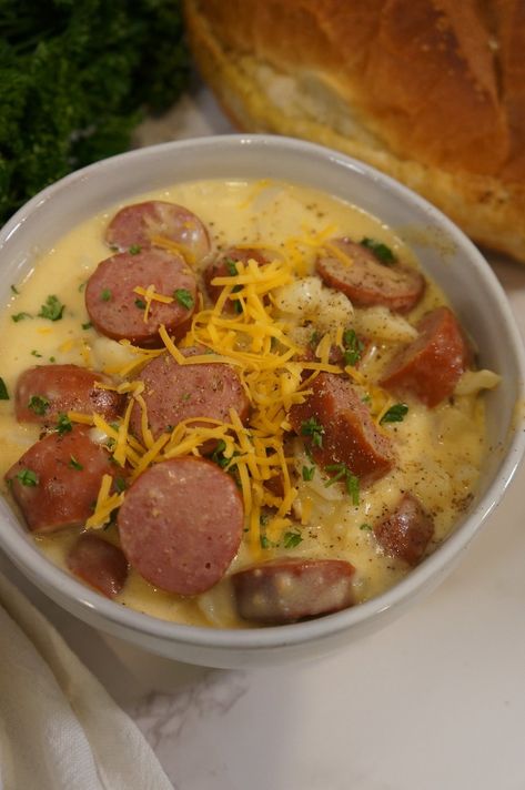 Cheesy Potato Kielbasa Soup Cheesy Potato Kielbasa Soup, Potato Soup With Kielbasa, Potato Kielbasa Soup, Recipe For Potato Soup, Soup With Kielbasa, Potato Kielbasa, Cheesy Potatoes Crock Pot, Kielbasa Soup, Soup Gluten Free