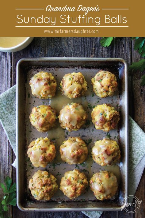 Grandma Dagen's Stuffing Balls - Mr. Farmer's Daughter Chicken Stuffing Balls, Stuffing Appetizer Recipes, Stuffing Balls Thanksgiving, Old Fashioned Stuffing, Dressing Balls, Stuffing Cups, Eggs Bake, Stuffing Balls Recipe, Stuffing Balls