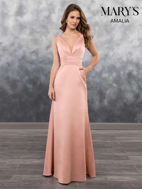 MB7023 - A-line satin bridesmaid gown features plunging V-neck, V-back, pleating detail, buttons on the back, and side pockets. Bridesmaid Dresses Satin Long, Dresses Satin Long, Satin Bridesmaids Gowns, Bridesmaid Dresses Satin, Dresses Satin, Designer Bridesmaid Dresses, Gaun Fashion, Bridesmaid Dress Styles, Bridal Bridesmaid Dresses