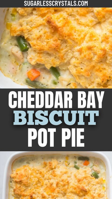 Enjoy a cozy family dinner with this biscuit pot pie recipe. Filled with tender chicken and vegetables, topped with golden cheddar bay biscuits, this meal is comfort food at its finest. Make it in no time for a delicious biscuit chicken pot pie casserole that everyone will devour! Pot Pie With Biscuits On Top, Cheddar Biscuit Chicken Pot Pie, Chicken Pot Pie With Cheddar Bay Biscuit, Chicken Pot Pie Casserole With Biscuits, Cheddar Bay Biscuit Chicken Pot Pie, Pillsbury Chicken Pot Pie, Biscuit Pot Pie Recipe, Biscuit Topped Chicken Pot Pie, Buscuit Recipe