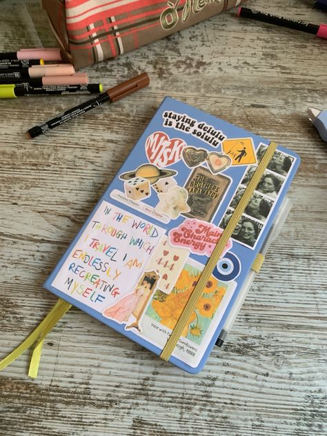 Bujo, bullet journal cover with aesthetic stickers Stickers On Notebook Aesthetic, Diary Theme Ideas, Sticker Covered Notebook, Scrapbook Notebook Cover, Journal With Stickers On Cover, Stickers On Journal Cover, Journal Collection Aesthetic, Cute Journal Aesthetic, Sticker Notebook Cover