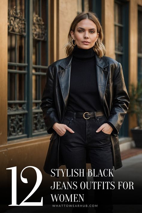 Need ideas for black jeans outfits? Here are 12 stylish ways to wear them, perfect for any occasion. Each outfit in this guide brings unique elements, from minimalista touches to hipster vibes, making it easy to find a look that suits you. Jeans Noir Outfit, Bootcut Black Jeans Outfit, Faded Black Jeans Outfit Casual, Winter Outfits With Black Jeans, Black Jeans Outfits For Women, Winter Black Jeans Outfit, Black Jeans Brown Shoes, Black Boot Cut Jeans Outfit, Black Bootcut Jeans Outfit