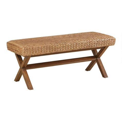 Woven Seagrass and Brown Wood Bench | World Market Coastal Furniture, Water Hyacinth, Wood Bench, Upholstered Bench, Mahogany Wood, Brown Wood, Bench Furniture, The Outdoors, Beach Style