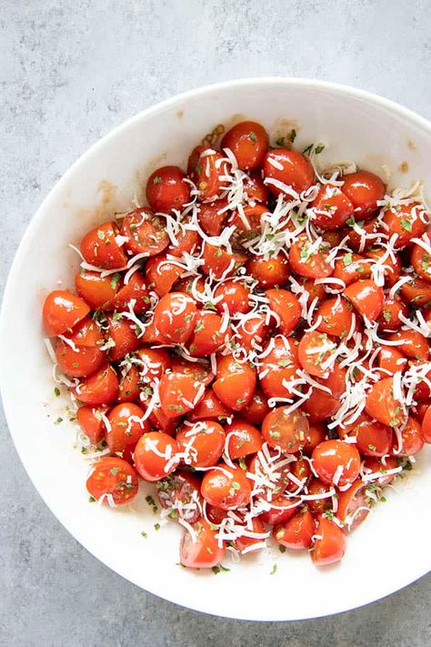 salad of cherry tomatoes in a bowl Tomato Parmesan Salad, Paleo Salad Dressing, Homemade Balsamic Dressing, The Salty Marshmallow, Salty Marshmallow, Chicken For Dinner, Parmesan Salad, Cherry Tomato Salad, Creamy Cucumber Salad