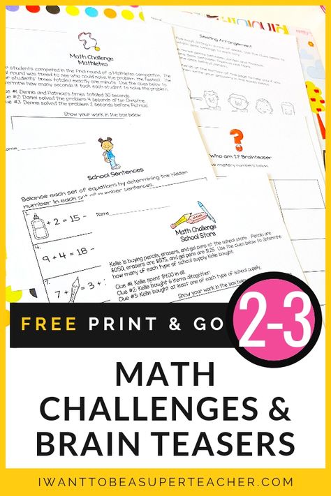 5 FREE math challenge and brain teaser activities to challenge your 2nd and 3rd grade students with NO PREP required! These math problems can be used as math centers, morning work, math centers, math homework, small group activities, problem of the week, or whole class number talks! Perfect for advanced kids in 2nd and 3rd grade. Click over for the free printables! #free #freebies #math #secondgrade #thirdgrade #classroomfreebies Math Challenges 2nd Grade, Fun Third Grade Math Activities, Brain Math, Third Grade Math Activities, Free Math Printables, Number Talks, Fun School, Math Groups, Math Challenge