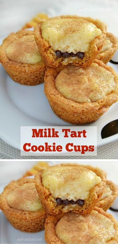 Traditional South-African Milk Tart filling in a crunchy sugar Cookie Cup #Milktart #SugarCookie #CookieCups Milk Tart Filling, Cookie Cups Recipe, African Dessert, Milk Tart, Diy Easy Recipes, African Foods, Best New Recipes, Tart Filling, South African Food