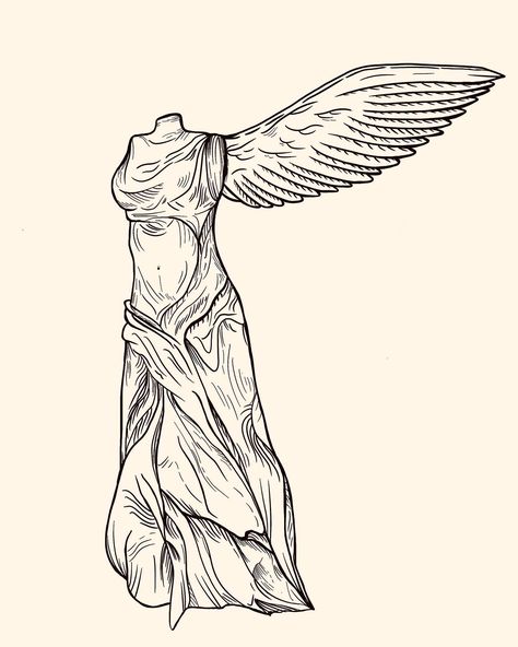 Tattoo design inspired by 'The Winged Victory of Samothrace’ statue 🕊️ {Etching} • • #tattoodesign #statue #tattoos #tattoostyle #tattooart #tattooideas #tattooinspiration #art #artist #cheltenham #cheltenhamart #instaart #blackworktattoo #etchingtattoo #etching Winged Victory Drawing, Nike Of Samothrace Drawing, Trojan Horse Tattoo, Aphrodite Statue Tattoo, Nike Goddess Tattoo, Winged Victory Of Samothrace Tattoo, Winged Victory Tattoo, Greek Statue Design, Greek Sculpture Tattoo