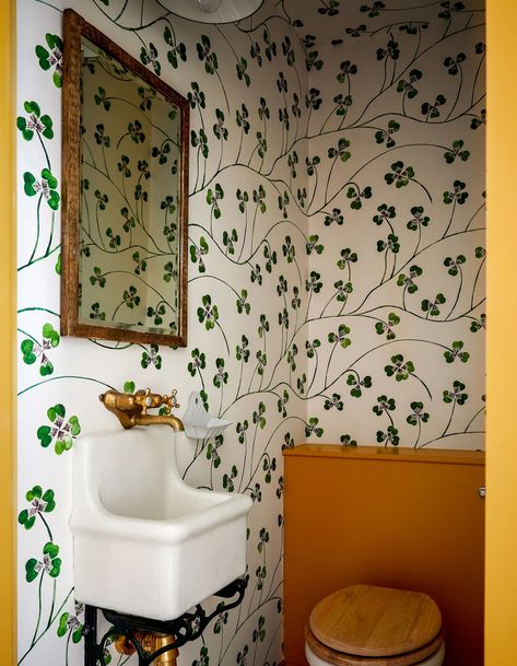 Kate Hawkins' house is a testing ground for her coveted wallpaper designs | House & Garden Stenciled Wallpaper Diy, Lucky Leaf Wallpaper, Cherry Blooms, Lucky Leaf, Paint And Paper Library, Downstairs Loo, Shaker Style Kitchens, Wallpaper Designs, Leaf Wallpaper