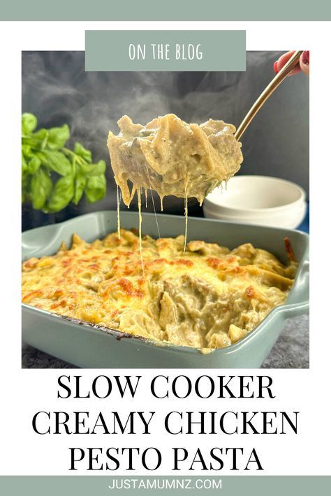 Delicious Slow Cooker Creamy Chicken Pesto Pasta recipe that is so easy to make, a rich pasta bake that uses cream cheese and pesto for the best dinner Creamy Chicken Pesto Pasta, Creamy Garlic Chicken Pasta, Pesto Pasta Dishes, Pesto Pasta Recipes Chicken, Chicken Pesto Pasta, Garlic Chicken Pasta, Creamy Pesto Chicken Pasta, Pesto Pasta Recipe, Chicken Spinach Pasta