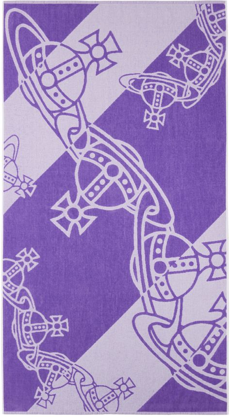 Rectangular lightweight cotton terrycloth beach towel in purple. · Jacquard stripes and logo pattern throughout · H180 x W100 cm Supplier color: Lilac Vivienne Westwood Pattern, Vivienne Westwood Logo Wallpaper, Vivienne Westwood Symbol, Vivienne Westwood Tartan Wallpaper, Purple Vivienne Westwood, Vivienne Westwood Check Pattern, Vivienne Westwood Logo, Logo Pattern, Terry Cloth