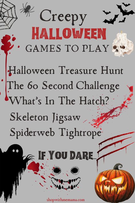 Spooky and creepy Halloween games to play Party Games To Play, Creepy Halloween Party, Fun Halloween Party Games, Creepy Games, Spooky Games, Create Labels, Halloween Goodies, Halloween Party Games, Kids Party Games