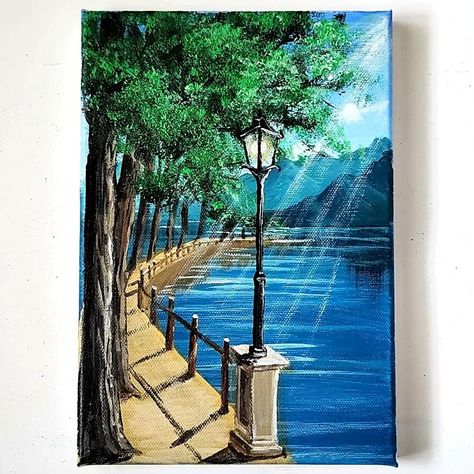 Canvas Painting Scenery Acrylics, Painting Scenery, Art Of Painting, Drawing Arts, Artwork Acrylic, Acrylic Colours, Lake Landscape, Art Instructions, Diy Canvas Art Painting