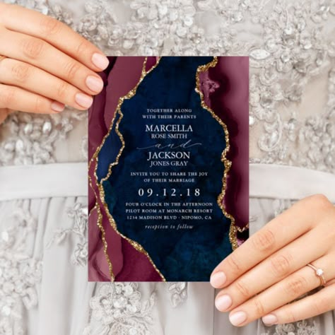 Navy, Burgundy & Gold Agate Wedding Invitation Size: 5" x 7". Gender: unisex. Age Group: adult. Material: Matte. Navy And Burgundy Wedding, Navy Gold Wedding, Navy Blue And Gold Wedding, Rehearsal Invitations, Agate Wedding, Navy Blue Wedding Invitations, Maroon Wedding, Burgundy Wedding Invitations, Gold Wedding Theme