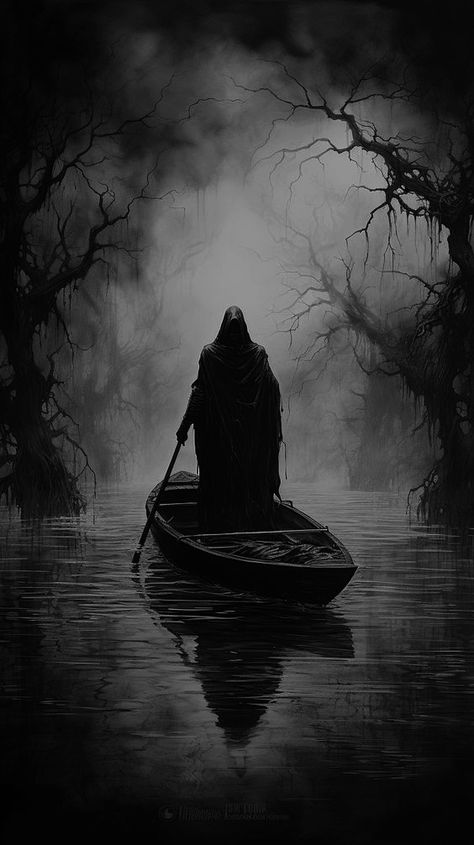 Dark Brooding Men Aesthetic, Time And Space Aesthetic, Grimdark Fantasy Art, Creepy Tree Tattoo, Charon Tattoo, Creepy Tattoos Gothic, Horror Landscape, Grim Dark, Grim Reaper Art