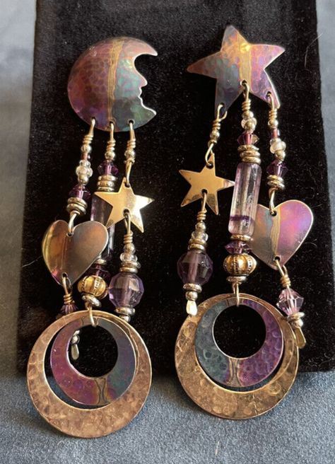 Tabra Tunoa: gold fill and niobium earrings with fluorite, amethyst, crystal, and gold fill beads; 3-1/4" long (sold on eBay for US $175, 11 May 2023) Niobium Earrings, Jewlery Rings, Earthy Jewelry, Aesthetic Grunge Outfit, Jewelry Lockets, Closet Accessories, May 2023, Funky Jewelry, Jewelry Lookbook