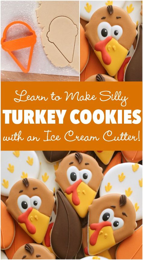 How to make cute Thanksgiving Turkey cookies with a simple ice cream cone cutter via Sweetsugarbelle.com Thanksgiving Cookies Decorated, Thanksgiving Turkey Cookies, Simple Ice Cream, Face Cookies, Kingdom Fanart, Turkey Cookies, Turkey Face, Thanksgiving Cakes, Thanksgiving Cookies