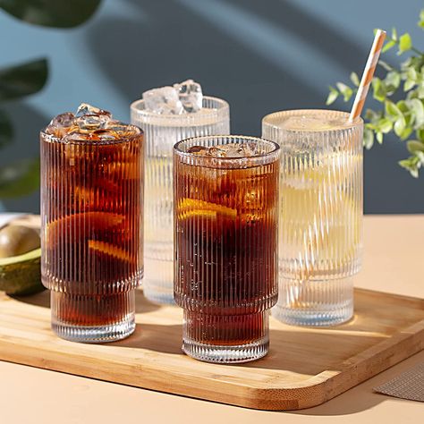 SUNNOW Vastto 11 Ounce Stackable Ribbed Glass Cup,Iced Tea Glasses for Water, Beverage,Juice, Wine,Beer and Cocktail,Set of 4 Juice Glass Set, Glass Cup Set, Cafe Cup, Iced Tea Glasses, Juice Cup, Cocktail Set, Tea Glasses, Glass Coffee Cups, Ribbed Glass