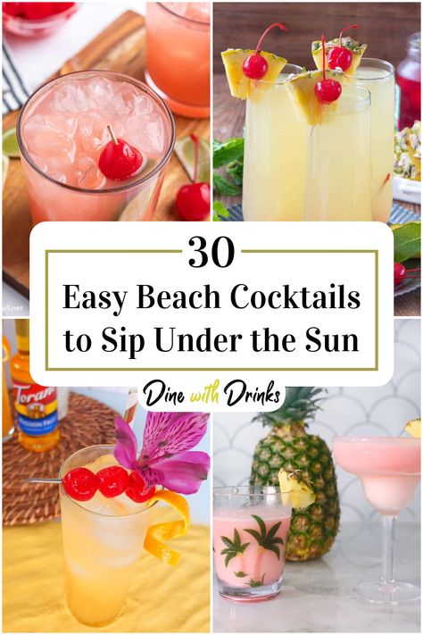 Collage of 4 easy beach cocktails. Beach Day Drinks, Beach Cocktail Recipes, Beach Alcoholic Drinks, Beach Drinks Alcohol, Fun Summer Drinks Alcohol, Premade Cocktails, Most Popular Alcoholic Drinks, Drinks On The Beach, Pool Cocktails