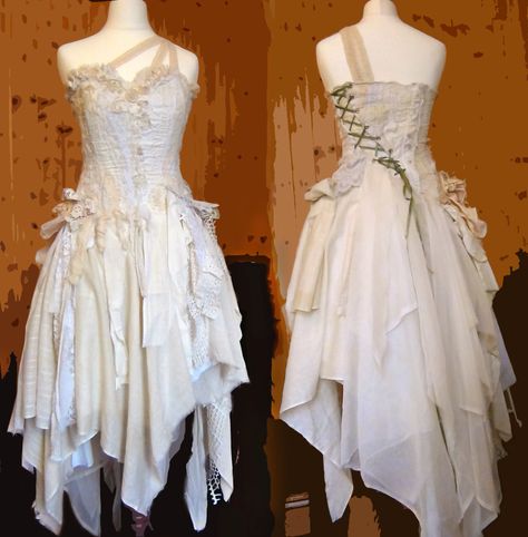 White Fairy Aesthetic Outfit, White Faerie Dress, Tattered White Dress, Black And White Fairy Costume, White Fairy Dress Aesthetic, Fairy Dress Tutorial, White Elf Dress, White Fairy Outfit, Fairycore White Dress