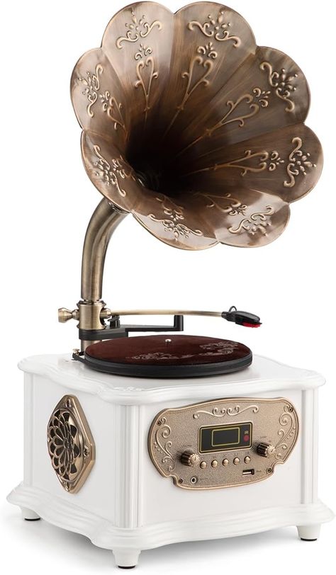 Amazon.com: Retro Phonograph Record Player Bluetooth Speaker with with Copper Horn Nostalgic Vintage Vinyl Gramophone Turntable for Home Decoration Aux-in USB (with Record Player White) : Electronics Antique Record Player, Old Record Player, Gramophone Record, Free Mail Order Catalogs, Vintage Record Player, Vinyl Player, Butterfly Party, Cute Flower Wallpapers, Record Player