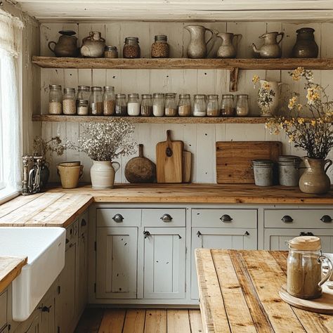 20 Ways to Transform Your Home with Cottagecore Charm - Kitchen Farm Style, Homestead House Decor, Homestead Aesthetic Kitchen, Old Country Kitchens Antique Farmhouse, Pioneer Style Home, Diy Classy Home Decor, Cottage Farm Kitchen, Small Home Decor On A Budget, Vintage Cottagecore Kitchen