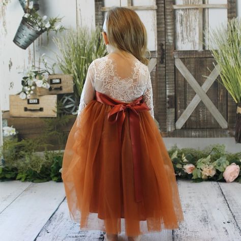 Autumn Ginger Tulle & Lace Flower Girl Lace Dress Tulle is a beautiful mix of Autumn Ginger, Orange, Rust, Burnt Orange and maybe a hint of Copper. Sash color shown is rust. The lace bodice comes in a soft white only and is barely off white. the attached tulle comes in a variety of colors. See Burnt Orange Flower Girl Dresses, Orange Flower Girl, Fall Flower Girl Dresses, Black Wedding Flowers, Flower Girl Dresses Navy, Bridesmaid Tulle, Rust Color Dress, Dresses Western