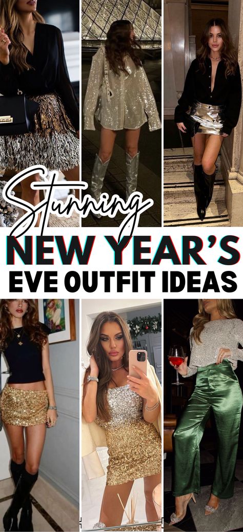 Ready to make a statement this New Year’s Eve? ✨ Check out these 27 Fabulous New Year's Eve Outfit Ideas for Every Style! Whether you’re aiming for a glamorous sequin dress, a chic velvet jumpsuit, or a sleek satin slip dress, these outfits will have you ringing in the new year in style. From bold metallics to timeless little black dresses, there’s something for every vibe and personality. Add some sparkling accessories or statement shoes to complete the look. Get ready to sparkle, shine, and ma New Year Eve's Outfit, New Years Nashville Outfit, New Years Skirt Outfit, Vintage Nye Outfit, New Years Party Dress, Sleeveless Sequin Dress, Casual New Years Eve Outfits For Women, New Years Eve Outfits 2024, New Year’s Eve Wedding Guest Outfit