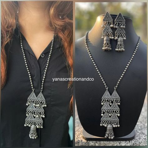 Black Polish Jewellery, Metal Necklace Handmade, Black Metal Jewellery Indian, Black Metal Earrings, Navratri Decoration, Navratri Jewellery, Black Metal Jewelry, Earrings Combo, Oxidised Necklace