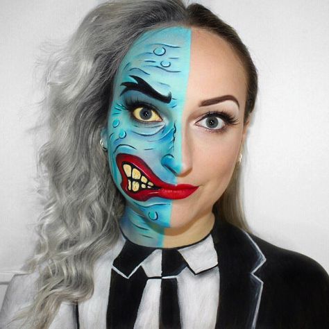 MUA ~ Jessica on Instagram: “Day 24 of 31 days of Halloween 🎃. Two-Face from the Batman Animated Series. This one I’m really proud of and it was one of my favourites to…” Two Face Makeup Batman, Two Face Makeup, Two Face Costume, Batman Face Paint, Batman Makeup, Costume Quest, Partner Costumes, Batman Costume Diy, Makeup Karakter