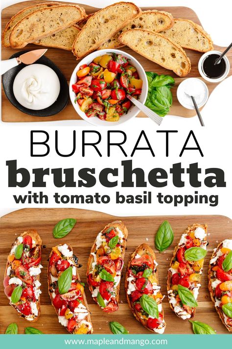 This easy-to-make Burrata Bruschetta recipe is the ultimate summer appetizer! It features creamy burrata cheese and a delicious fresh tomato basil topping on garlic-rubbed slices of crispy, toasted bread. A delicious and simple burrata appetizer or snack perfect for any occasion! | www.mapleandmango.com Tomato Burrata Appetizer, Burrata Bruschetta Recipe, Burrata Appetizer, Lidias Italy Recipes, Burrata Bruschetta, Salmon Appetizer Recipes, Easy Bruschetta Recipe, Burrata Recipe, Dinner Party Appetizers