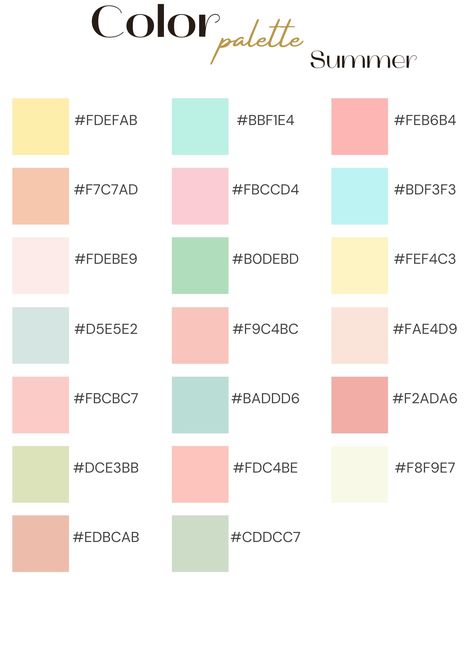 Note Color Schemes, Google Sheet Color Palette, Summer Color Palette Hex Codes, Color Palette Summer, Palette Summer, Calm Color Palette, Hex Color, Pastel Color Schemes, Hex Color Palette