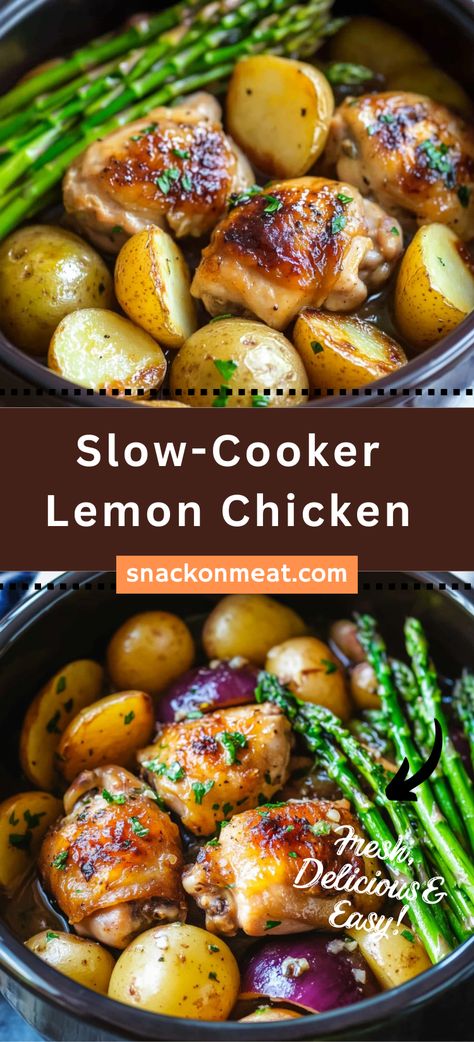 Slow-Cooker Lemon Chicken - Snack On Meat Crockpot Lemon Chicken And Potatoes, Lemon Chicken And Potatoes Crockpot, Lemon Herb Chicken Crockpot, Lemon Garlic Crockpot Chicken, Chicken Asparagus Crockpot, Chicken Thighs Potatoes Crockpot, Lemon Chicken Thighs Crockpot, Slow Cooker Chicken Thighs And Potatoes, Crock Pot Lemon Garlic Butter Chicken