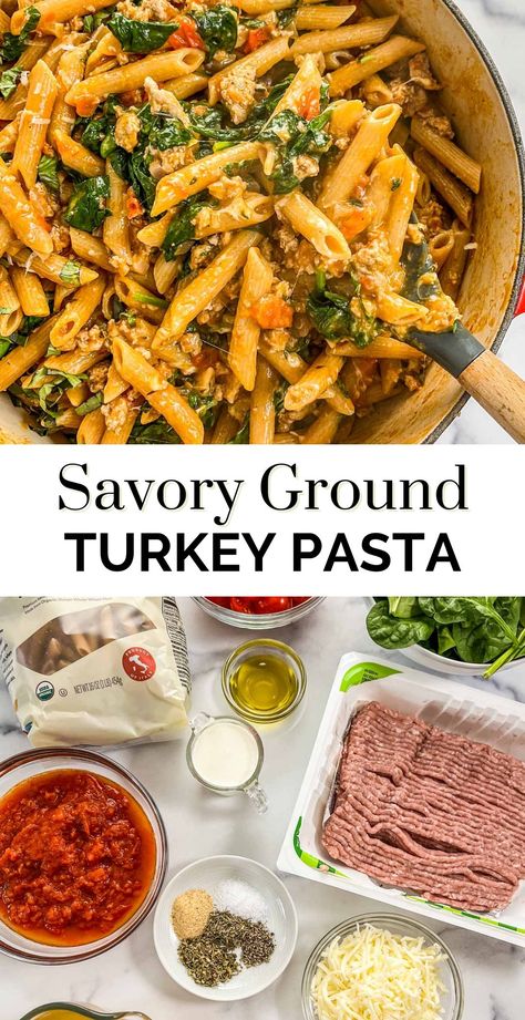 This is the best savory ground turkey pasta! It's a one-pot meal that comes together easily and is perfect for a healthy weeknight meal the whole family will love! This lightened up recipe is made with lean ground turkey but is still incredibly flavorful. Ground Turkey Pasta Recipes, Ground Turkey Pasta, Ground Turkey Recipes Easy, Healthy Turkey Recipes, Ground Turkey Recipes Healthy, Turkey Pasta, Healthy Ground Turkey, Turkey Casserole, Beef Patties