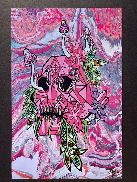 Excited to share this item from my #etsy shop: Holographic Pink Crystal Skull 11x17 art print | Trippy poster | psychedelic wall hanging Holographic Art, Trippy Posters, Skull Art Print, Strawberry Art, Shop Poster, Snake Art, Skull Painting, Frog Art, Original Abstract Art