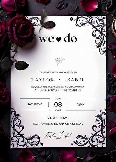 Embrace the timeless allure of gothic romance with this captivating wedding invitation mockup bundle.  This exquisite collection features a digital background adorned with [insert unique details from your background, e.g., elegant black roses, a charming picture frame].  Imagine crafting unforgettable announcements that capture the essence of your love story. This fully editable template empowers you to effortlessly personalize every detail.  Simply add your own text, fonts, and graphics for a t Invitation For Marriage, Wedding Invitation Ideas Unique Simple, Stationary Wedding Invitations, Wedding Inventions Cards, Gothic Wedding Aesthetic, Goth Wedding Invitations, Gothic Wedding Invites, Wedding Invite Ideas, Black And Maroon Wedding Invitations