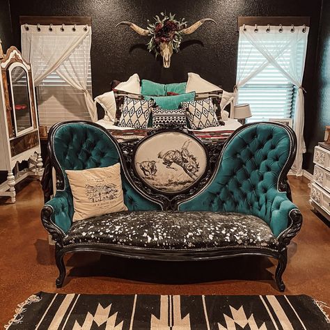 Elegant Western Bedroom, Western Home Furniture, Western Chair Makeover, Blue Western Bedroom, Western Couch, Pendleton Furniture, Pillow On Couch, Western Style Bedroom, House Decor Inspiration