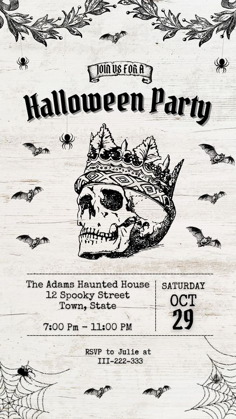 Skull And Crown, Adult Halloween Party Invitations, Halloween Invitation Template, Gothic Theme, Skeleton King, Gothic Skeleton, Gothic Themes, Halloween Invitation, Halloween Party Invitation