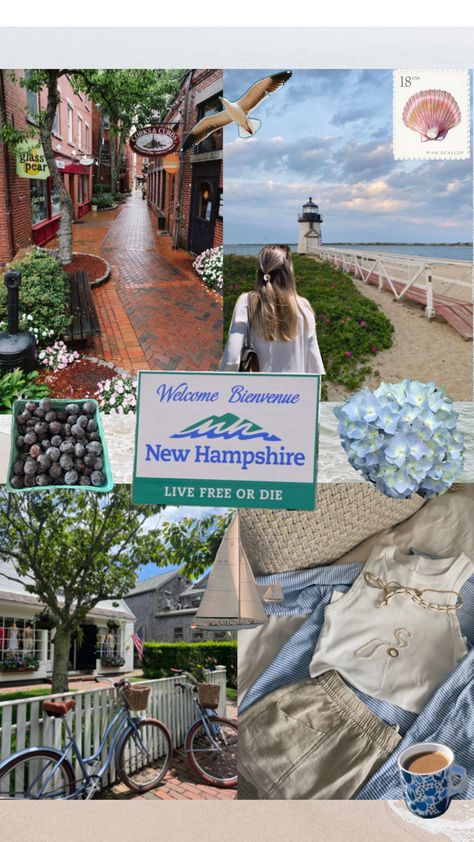 Coastal granddaughter aesthetic, New Hampshire, beach, sailboats, hydrangeas, biking, blueberries, lighthouse New Hampshire Aesthetic, Vision Board Photos, Travel Board, New Hampshire, Hampshire, Dream Life, Road Trip, Cabin, Glass