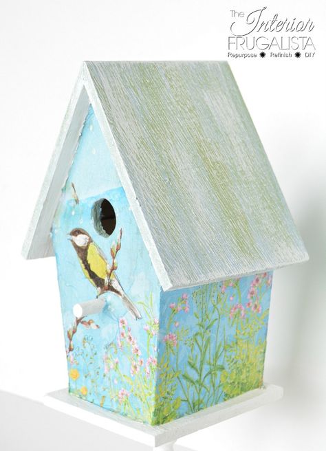 Decoupage Dollar Store Birdhouse Napkin Decoupage Ideas, Flameless Candle Decor, Napkin Crafts, Mini Chalkboard Signs, Mod Podge Projects, Birdhouse Ideas, Book Journals, Basket Makeover, Charm Party