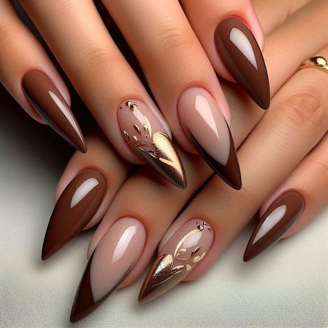 December Nails Christmas Almond, Green Holiday Nails Almond, Moderate Nail Art, Thanksgiving Nail Inspo Almond, Almond Gel X Nails Ideas, Nails For Thanksgiving Fall, November French Tip Nails, Brown Almond Acrylic Nails, Nail Trends 2024 Fall