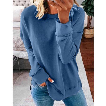 "Material:Polyester Pattern:Plain Sleeve Length:Long Sleeve Edition Type:Loose Sleeve Type:Conventional Sleeve Popular Elements:Stitching Size=(Inch): S----Bust-39.37\"----Length-24.02\" M----Bust-40.94\"----Length-24.41\" L----Bust-42.52\"----Length-24.8\" XL----Bust-44.09\"----Length-25.2\" 2XL----Bust-45.67\"----Length-25.59\" 3XL----Bust-47.24\"----Length-25.98\" 4XL----Bust-48.82\"----Length-26.38\" 5XL----Bust-50.39\"----Length-26.77\" Color: Blue.  Gender: female.  Age Group: adult.  Patt Essential Wardrobe Pieces, Winter Outfits Warm, Plain Sweatshirt, Jumpsuit Outfit, Estilo Chic, Casual Stylish, Winter Outfits Women, Outfit Casual, Look Chic