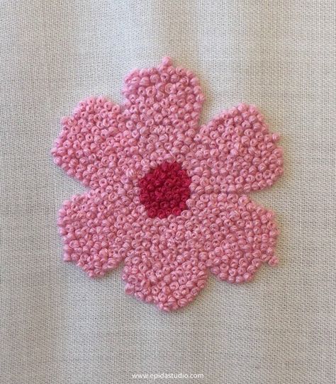 French knots are often just a decorative accent in embroidery pieces, but in this motif they are the star of the show. This is part of the Embroidery Stitch Sampler, which has one flower motif stitched with nine different stitches for totally different looks. #embroiderytutorial #Frenchknot French Knot Embroidery Designs, Knot Embroidery Designs, French Stitch, Knot Embroidery, French Knot Stitch, Embroidery Clothes, Embroidery Workshop, French Knot Embroidery, Stitch Sampler